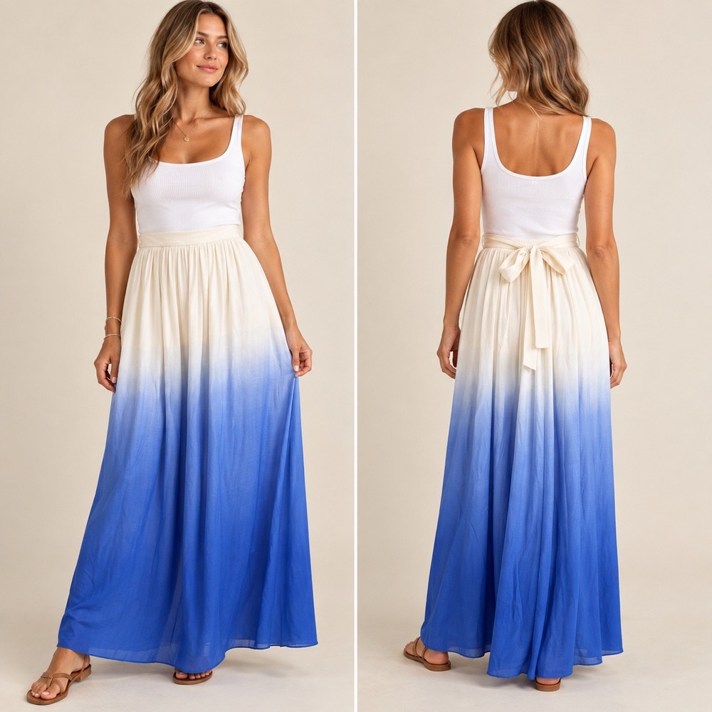 Teresa for Eloquii Silk Ombre Maxi Skirt Blue Cream Tie Waist Plus Size 14